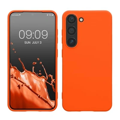 Abbildung von kwmobile Hülle kompatibel mit Samsung Galaxy S23 TPU Silikon Handyhülle Case stoßabsorbierend flexibel Kabelloses Laden Neon Orange