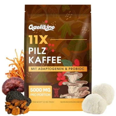 Abbildung von Mushroom Coffee Pilzkaffee, über 10 Pilze mit Adaptogenen &amp; Probiotika, Instant Arabica Kaffee Löwenmähne, Chaga, Reishi, Cordyceps mehr, Pilz Extrakt Pulver, 150 g
