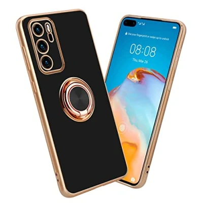 Abbildung von Cadorabo Hülle kompatibel mit Huawei P40 Schutzhülle TPU Silikon Case Ring Design Kameraschutz Slim Kratzfest Weiche Gummi Rundumschutz für in Schwarz
