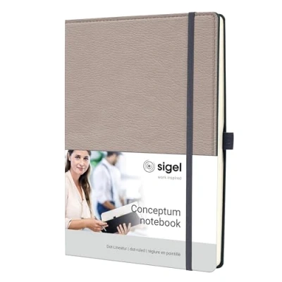 Abbildung von SIGEL CO692 Premium Notizbuch, Leder Look, dotted, ca. A4, beige, Hardcover, 194 nummerierte Seiten, nachhaltiges Papier, Inhaltsverzeichnis Stiftschlaufe Falttasche Gummibandverschluss, Conceptum