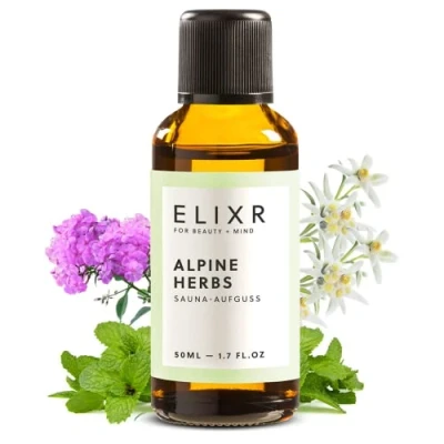 Abbildung von ELIXR Sauna Aufguss hergestellt im Allgäu. Alpine Kräuter 30ML. Natürlich mit ätherischen Ölen. Von den Aromatherapie Experten aus Die Höhle der Löwen