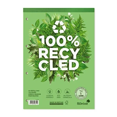 Abbildung von Silvine R101 Premium Nachfüllblock recycelt perforiert gelocht liniert mit Rand 120 Blatt 80 g/m² A4 5 Stück