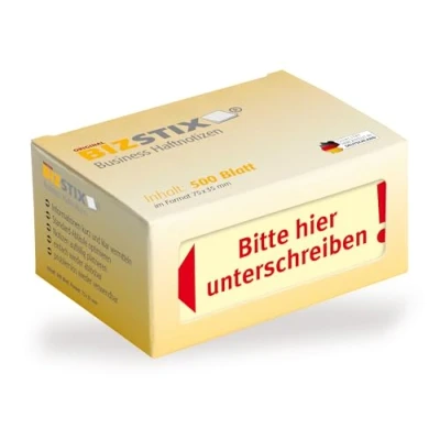 Abbildung von Bizstix Haftnotizen 75x35mm gelb &#039;Bitte hier unterschreiben Pfeil nach