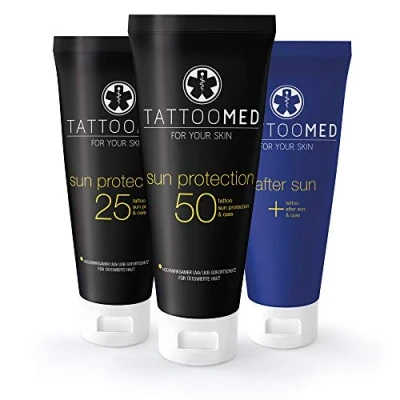 Abbildung von TattooMed All in Bundle Sun Tattoo Sonnenschutz für Tätowierte Haut Protection LSF 25 &amp; 50 After (3x 100ml)
