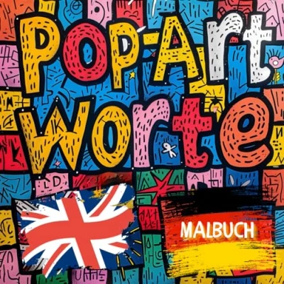 Abbildung von Pop Art Farbenfrohe Worte: Malbuch mit 50 deutschen Wörtern zum Ausmalen, übersetzt ins Englische für Spaß und Lernen Ideal Grundschulkinder Englischlernen