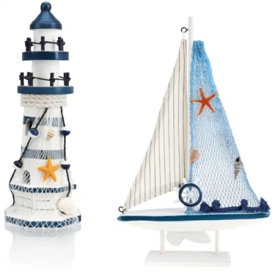 Abbildung von com four® 2 teiliges maritimes Deko Set Dekoratives Holz Segelschiff und Leuchtturm für EIN Ambiente in Ihrem Zuhause (02 teilig + Leuchturm blau)