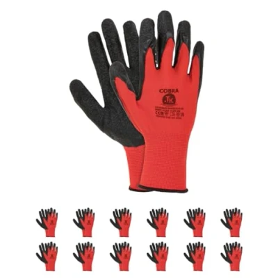 Abbildung von TK Gloves Cobra Handschuhe Arbeitshandschuhe/Größe 09, 12 Paar/Rot Schwarz/Montagehandschuhe/Schützender Strickhandschuh, beschichtet mit schwarzem Raulatex/Polyester Schutzhandschuh