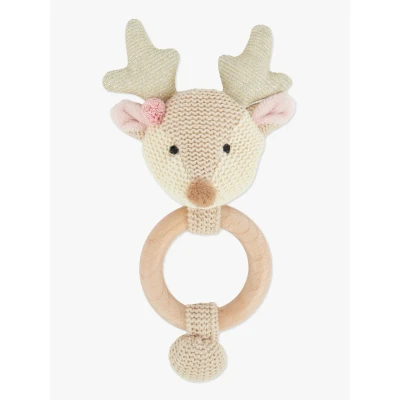 Abbildung von Bieco Holz Greifling Baby Rassel Ø 10cm, Länge 17cm Niedliche Reh Babyrassel Baumwolle mit Ring für Junge &amp; Mädchen Stoffrassel Greifringe