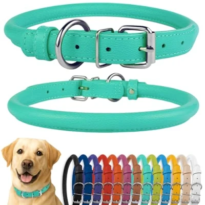 Abbildung von CollarDirect Rundes Leder Hundehalsband, weich gepolstert gerollt, handgefertigtes Echtleder Halsband für Hund Welpe Katze Klein Groß Schwarz Rosa Rot Lila Blau