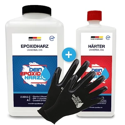 Abbildung von Epoxidharz mit Härter 3,0kg GfK set Profi Qualität glasklar &amp; geruchsarm Gießharz für Holz + Schutzhandschuhe