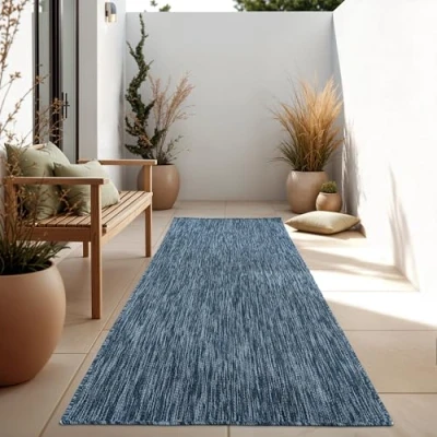 Abbildung von Paco Home Outdoor Teppich Wetterfest Wohnzimmer Balkon Küchenteppich Flachgewebe Sisaloptik Meliert Einfarbig, Grösse:80x250 cm, Farbe:Blau