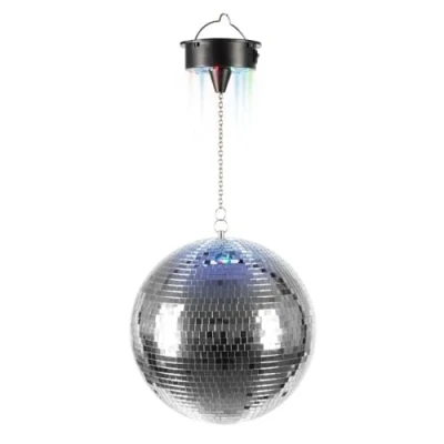Abbildung von IBIZA DISCO1 30 DISCOLIGHT SET SPIEGELKUGEL 30CM mit LED BELEUCHTUNG UND MOTOR Discokugel Disco Effekt Strahler silber batteriebetrieben 18 LEDs