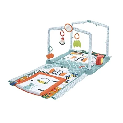 Abbildung von Fisher Price HJK45 3 in 1 Kleine Ferienhaus Spieldecke, Spieldecke für das Spielen Bauchlage und Tunnel zum Hindurchkrabbeln mit Spielzeug Babys Kleinkinder ab der Geburt