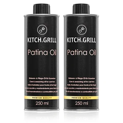 Abbildung von KitchGrill® Einbrenn und Pflegeöl 2 x 250 ml Patinaöl für Gusseisenpfannen Töpfe, Grillroste, Grillplatten, Dutch Oven, etc. Gusseisen, Schmiedeeisen, Einbrennöl,