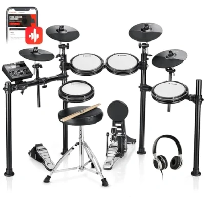 Abbildung von Donner DED200X E Drum Set, Drums mit leisen Mesh Pads, 2 Becken Choke, 31 Kits und über 450 Sounds, Thron, Kopfhörer, Sticks, USB MIDI, Melodienunterricht (5 4 Becken)