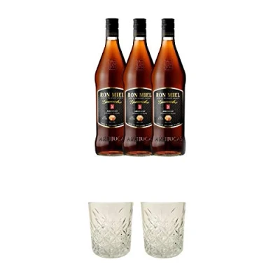 Abbildung von Arehucas Ron Miel mit Honig Kanarische Inseln Spanien 3 x 0,7 Liter + Rum Glas 1 Stück