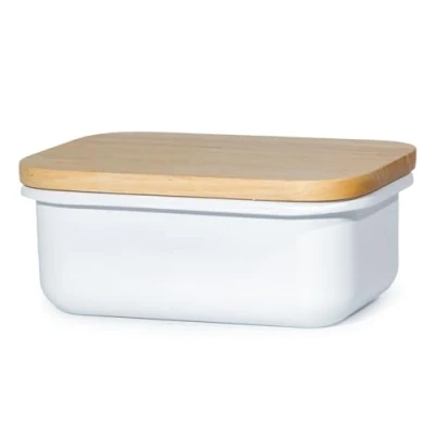Abbildung von Theo&amp;Cleo Butterdose mit Holzdeckel, Butterglocke für 250 g Butter, Multi Funktion Butter Dish, Bambusdeckel (Weiß + Bambus)