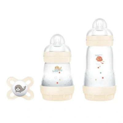 Abbildung von MAM Starter Set mit 2 Easy Start Anticolica Babyfläschchen, 130 ml und 260 SkinSoft Silikon Sauger, Nano Schnuller, 0+ Monate, neutral