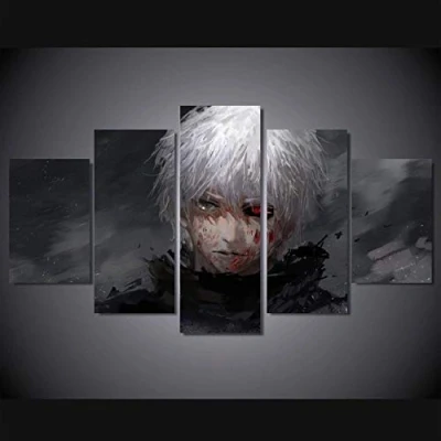 Abbildung von FFFZDCKAY Bilder 5 teilig Leinwandbilder Leinwand Gemälde Drucke Wohnkultur Anime Tokio Ghul Ken Kaneki Wandkunst Poster Wohnzimmer