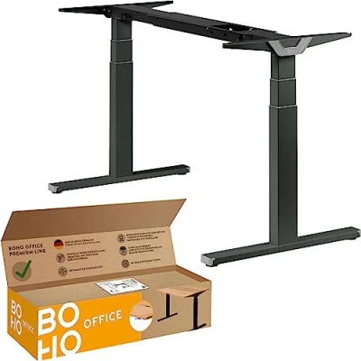 Abbildung von boho office® Höhenverstellbarer Schreibtisch Gestell Made in Germany, Elektrisch stufenlos, 2 laufruhige Motoren, 3 Fach Teleskop, Kollisionsschutz Premium Line Grau mit Wippschalter