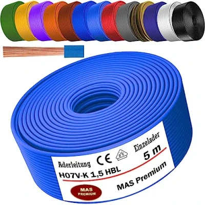 Abbildung von MAS Premium Von 5 bis 100m Aderleitung H07 V K 1x1,5 mm² SW, HBL, GNGE, GN, RT, DBL, BR, OR, GR, WS, VIO, U MAR.BL oder GE Einzelader flexibel (Hellblau, 5m)
