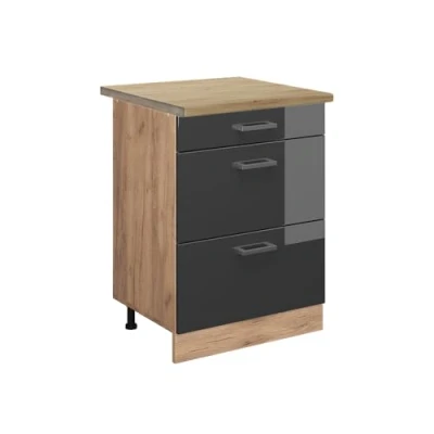 Abbildung von Vicco Küchenunterschrank R Line, Anthrazit Hochglanz/Goldkraft Eiche, 60 cm mit Schubladen, AP Eiche