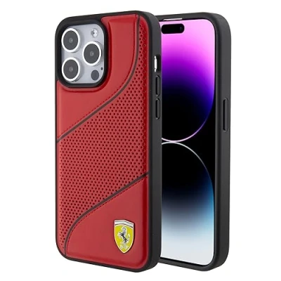 Abbildung von CG MOBILE Ferrari Handyhülle Kompatibel mit iPhone 15 Pro Max in Rot Schräge Perforation PU Leder Anti Scratch Glatt Schutzhülle Easy Snap on, Stoßdämpfung &amp; Signature Logo