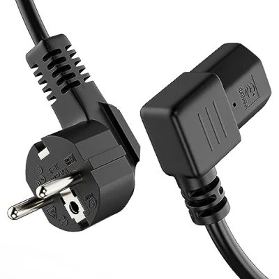 Abbildung von ETEC Stromkabel Kaltgerätekabel 3 Polig, 2,0m, Schuko Stecker Schutzkontakt Netzstecker auf C13 Kaltgerätekupplung Buchse, 90 Winkel Netzteil Strom Kabel Netzkabel für PC Monitor Drucker, Schwarz