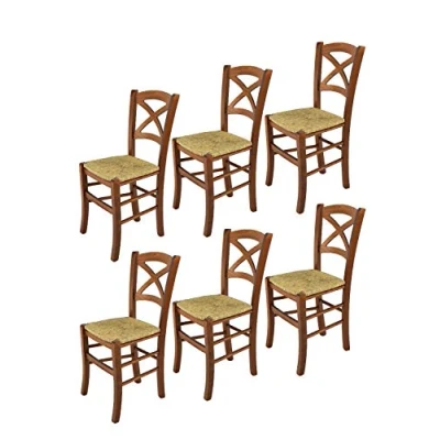 Abbildung von t m c s Tommychairs 6er Set Stühle Cross für Küche und Esszimmer, Robuste Struktur aus lackiertem Buchenholz im Farbton Helles Nussbraun Sitzfläche Stroh