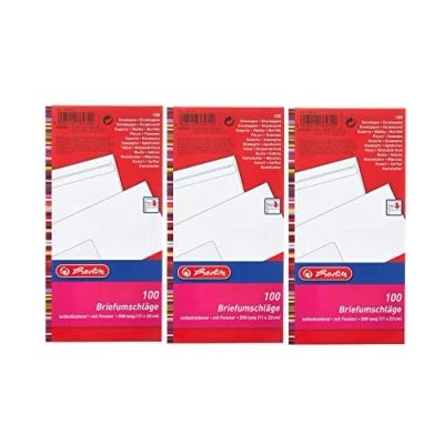 Abbildung von Herlitz Briefumschlag DIN Lang Selbstklebend, 100 Stück mit Innendruck in Folienpackung, eingeschweißt, weiß (3er Pack)