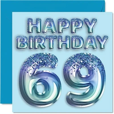 Abbildung von Stuff4 Geburtstagskarte zum 69. Geburtstag für Männer Blauer Glitzer Party Ballon Happy Birthday Karten 69 Jahre alten Mann, Onkel, Großvater, Vater, Opa Oma, 145 mm x mm, Geburtstag,