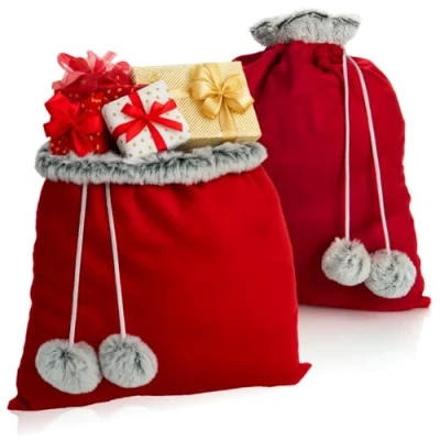 Abbildung von com four® 2X Premium Weihnachtssack roter Geschenkesack zum Befüllen Weihnachtsbeutel mit Bommeln als Dekoration &amp; tolle Geschenkverpackung