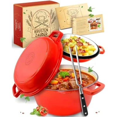 Abbildung von Krustenzauber Schmortopf Gusseisen Topf [inkl. Fleischgabel] , (Robuster 26cm Bräter mit Deckel Backofengeeignet, Ideal als Induktion, Dutch Oven Set, Kazan, Cast Iron Pot)