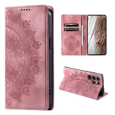 Abbildung von CoverKingz Handyhülle für Samsung Galaxy S24 Ultra Handytasche mit Kartenfach Wallet Case Cover Handy Hülle klappbar Motiv Mandala Rose