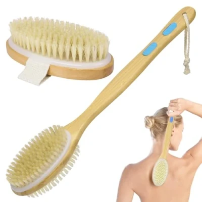 Abbildung von URAQT Rückenbürste Massagebürste Badebürsten, Doppelseitige Naturborsten Duschbürste Körperbürste Holz Schrubber mit Langem Stiel für Peeling Massage Verbessern die Durchblutung Cellulite (D 2PCS)