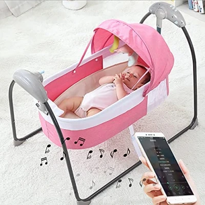 Abbildung von Babyschaukel, Tragbare Elektrische Babywippe mit Fernbedienung Automatik schaukel Intelligenter Schaukelwiege 5 Gang Drei Modi Swing Babywiege ab der Geburt bis18kg (Rosa)