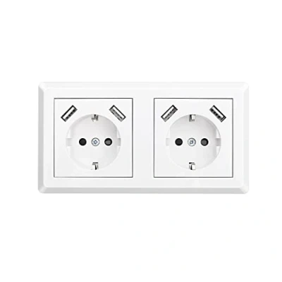 Abbildung von Sasudose Doppelsteckdose mit USB Schuko Steckdose Weiß Unterputz System 55 Reinweiß Glänzend Wandsteckdose Passt in Standard 2 fach Unterputzdose Schutzkontakt für Smartphone MP3