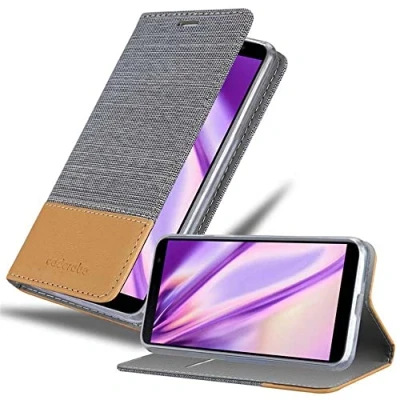 Abbildung von Cadorabo Hülle kompatibel mit Samsung Galaxy J6 Plus aus Jeans und Kunst Leder Flip Klappbare Stoßfeste Magnetische [Standfunktion] [Kartenfächern] Cover für Tasche in Grau