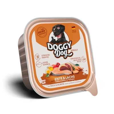 Abbildung von DOGGY Dog Paté Ente &amp; Lachs, 10 x 150 g, Nassfutter für Hunde, getreidefreies Hundefutter mit Lachsöl und Grünlippmuschel, Alleinfuttermittel Süßkartoffel Tomate, Made in Germany