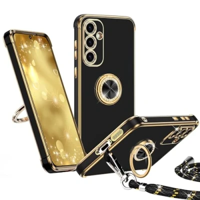 Abbildung von Keteen Handykette für Samsung Galaxy A15 4G /A15 5G Hülle mit Band, Handyhülle 360 Metall Ring Halter Ständer Dünn Stoßfeste Anti Kratzt Schutzhülle Schwarz