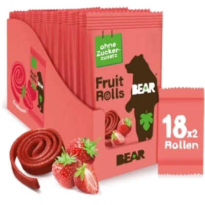 Abbildung von BEAR Fruchtrollen Erdbeere 100% Natürliche Inhaltsstoffe Ohne Zusatz von Zucker Gesunder Snack für Kinder &amp; Erwachsene 18 Beutel x 20g 360g