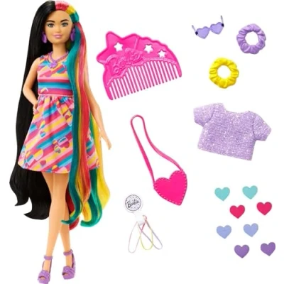Abbildung von Mattel Barbie Totally Hair Puppe (schwarze Haare) im Herzchen Print Kleid (HCM90)