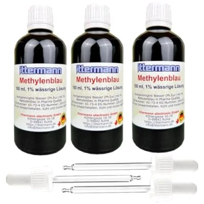 Abbildung von 3X 100 ml Ittermann Methylenblau, 1%, Fertiglösung aus hochgereinigtem Wasser (Ph.Eur.) und 1% Methylenblau (reinst USP Pharmaqualität) in Braunglasflasche + Glas Pipette Made Germany