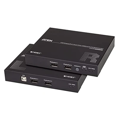 Abbildung von ATEN USB DisplayPort Dual Anzeige HDBaseT™ 2.0 KVM Extender (4K bei 100m für Einzelanzeige), Sender und Empfänger, Kabelgebunden, 4096 x 2160 Pixel, Schwarz, Metall,