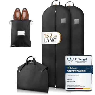 Abbildung von Bruce.® 2x Premium Kleidersack Lang 152 x 60 cm inkl. 1x Schuhbeutel, Optimierte Materialstärke, Hochwertige Kleiderhülle für Anzug, Jacke &amp; Kleid, Atmungsaktive Anzugtasche Reisen Aufbewahrung
