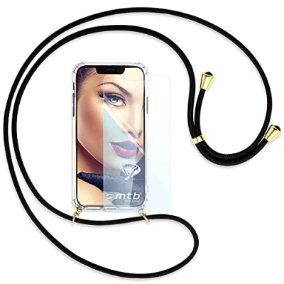 Abbildung von mtb more energy® Handykette + Schutzglas kompatibel mit iPhone 13 (6.1&#039;&#039;) schwarz/Gold Smartphone Hülle zum Umhängen Anti Shock Strong TPU Case