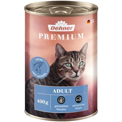 Abbildung von Dehner Premium Katzenfutter, Nassfutter getreidefrei, für ausgewachsene Katzen, Lachs, 6 x 400 g Dose (2.4 kg)