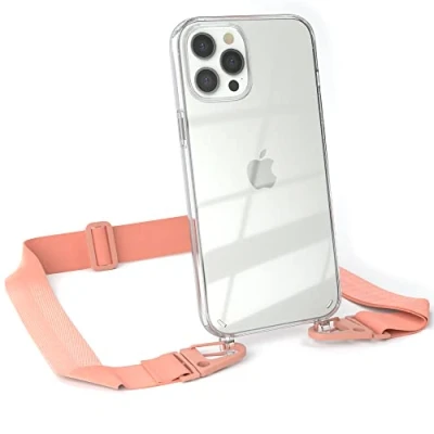 Abbildung von EAZY CASE Hülle mit Band kompatibel iPhone 12 Pro Max Handyhülle Umhängeband für Silikonhülle Transparent Schutzhülle Handykette zum Umhängen Handykordel in Rosa Coral