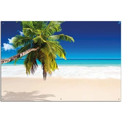 Abbildung von Wallario Outdoor Poster für Garten oder Balkon Südseestrand in der Karibik mit Palme, Motivbanner Größe: ca. 60 x 90 cm, Bild