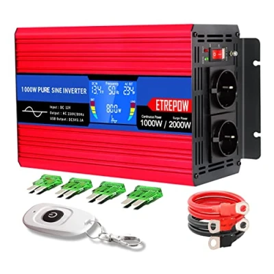 Abbildung von ETREPOW Wechselrichter 1000w 12v auf 230v Reiner Sinus Spannungswandler mit 2 EU Steckdose und Einer 2,1A USB,Drahtlose Fernsteuerung,LCD Bildschirm Lüftern Spitzenleistung 2000w Kfz Konverter